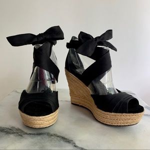 UGG espadrille wedge peekaboo toe sandal with ribbon ankle tie bow black fabric